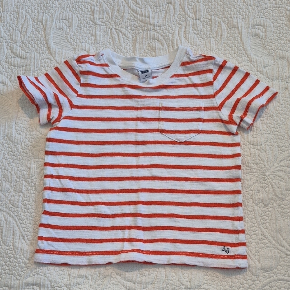 Janie and Jack boys 2T white with orange stripe short sleeve shirt VGUC